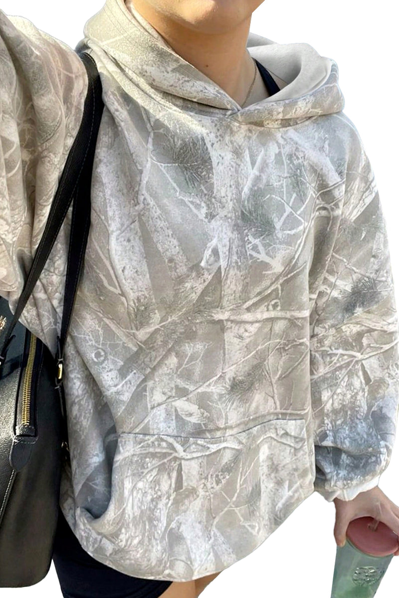 Gray Abstract Print Kangaroo Pocket Oversized Hoodie