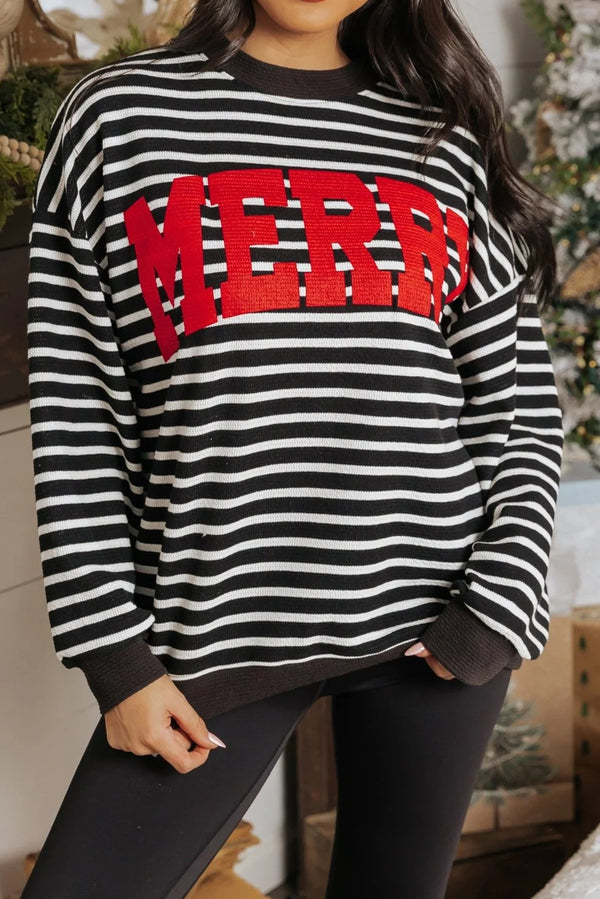 Black Stripe MERRY Letter Print Christmas Sweatshirt
