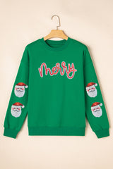 Dark Green Sequin Letter Graphic Father Christmas Patched Sleeve Drop Shoulder Sweatshirt