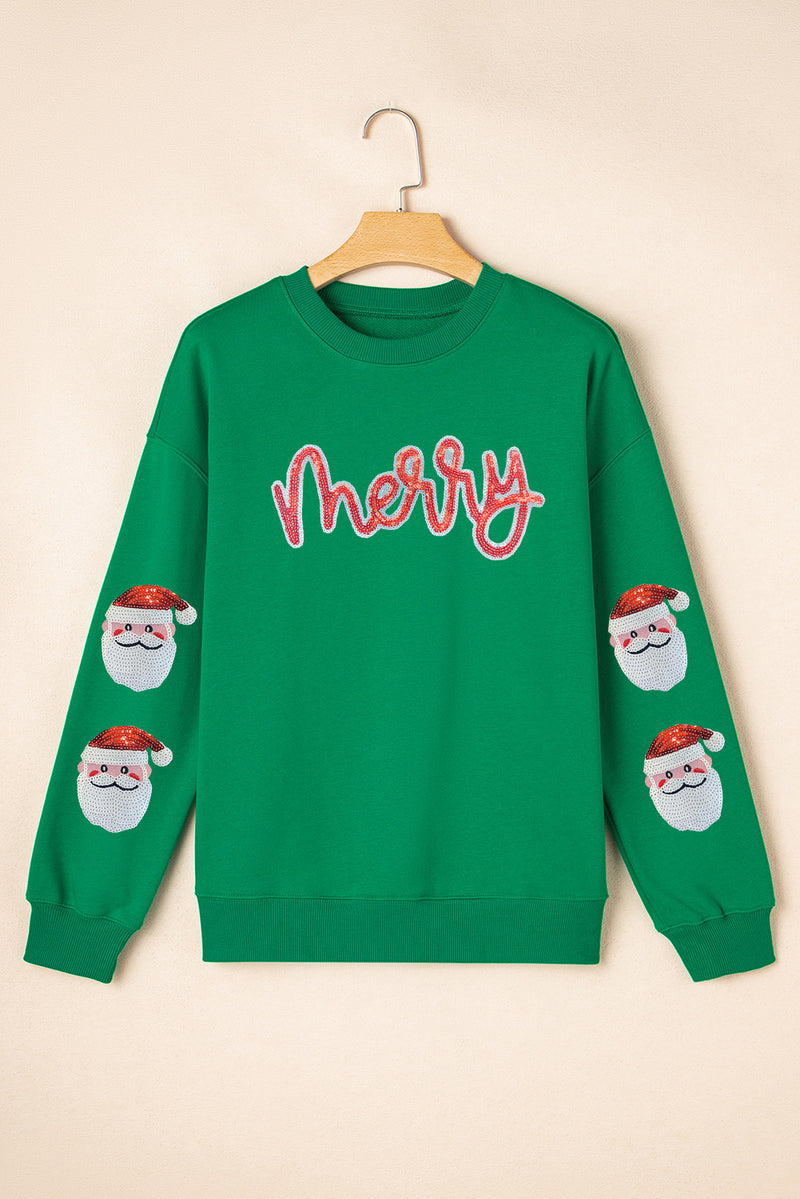 Dark Green Sequin Letter Graphic Father Christmas Patched Sleeve Drop Shoulder Sweatshirt