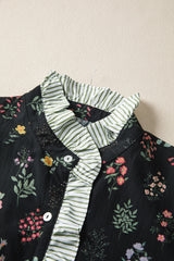Black Contrast Frilled Trim Short Sleeve Floral Shirt