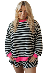 Black Stripe Contrast Edge Pullover and Shorts Plus Size Set