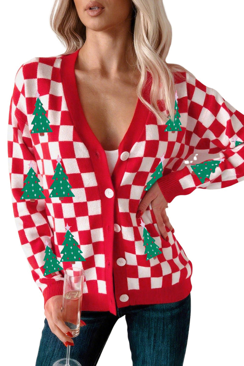 Pink Checkered Christmas Tree Pattern Button V Neck Knit Cardigan