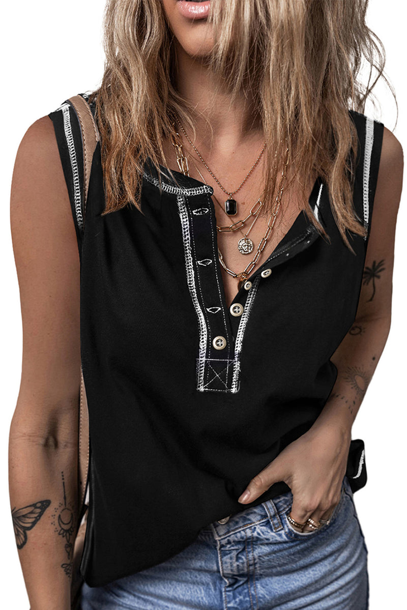 Mist Green Stitching Seam Henley Tank Top