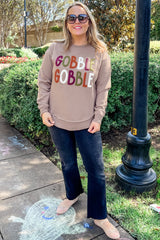 Dark Khaki GOBBLE Letter Graphic Thanksgiving Sweatshirt