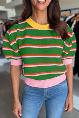 Red Stripe Colorblock Trim Half Sleeve Sweater Top