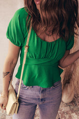 Dark Green Solid Color Ruched Crossed Waist Tied Back Short Sleeve Peplum Top