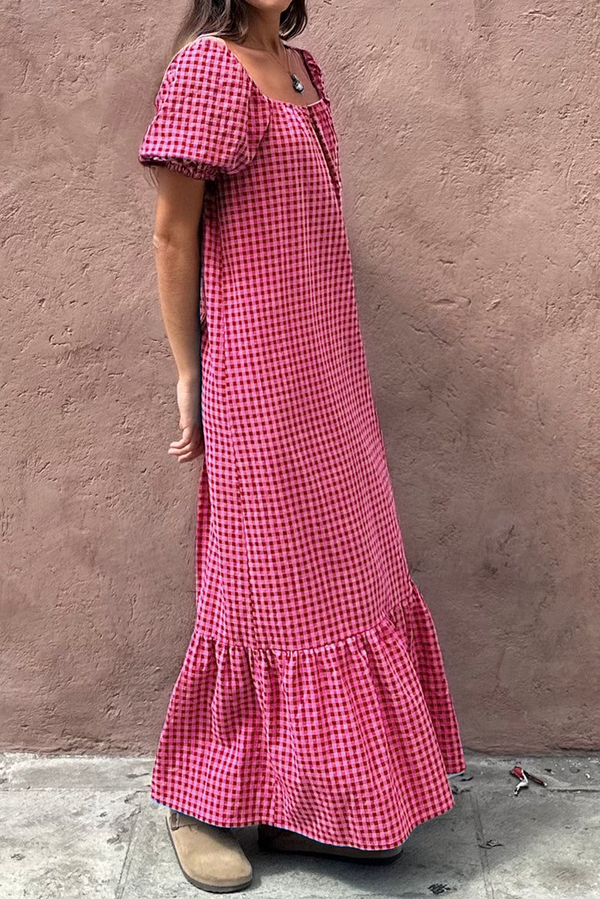 Rose Plaid Square Neck Puff Sleeve Maxi Dress