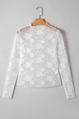 Apricot Pink Mock Neck Floral Lace Mesh Long Sleeve Top