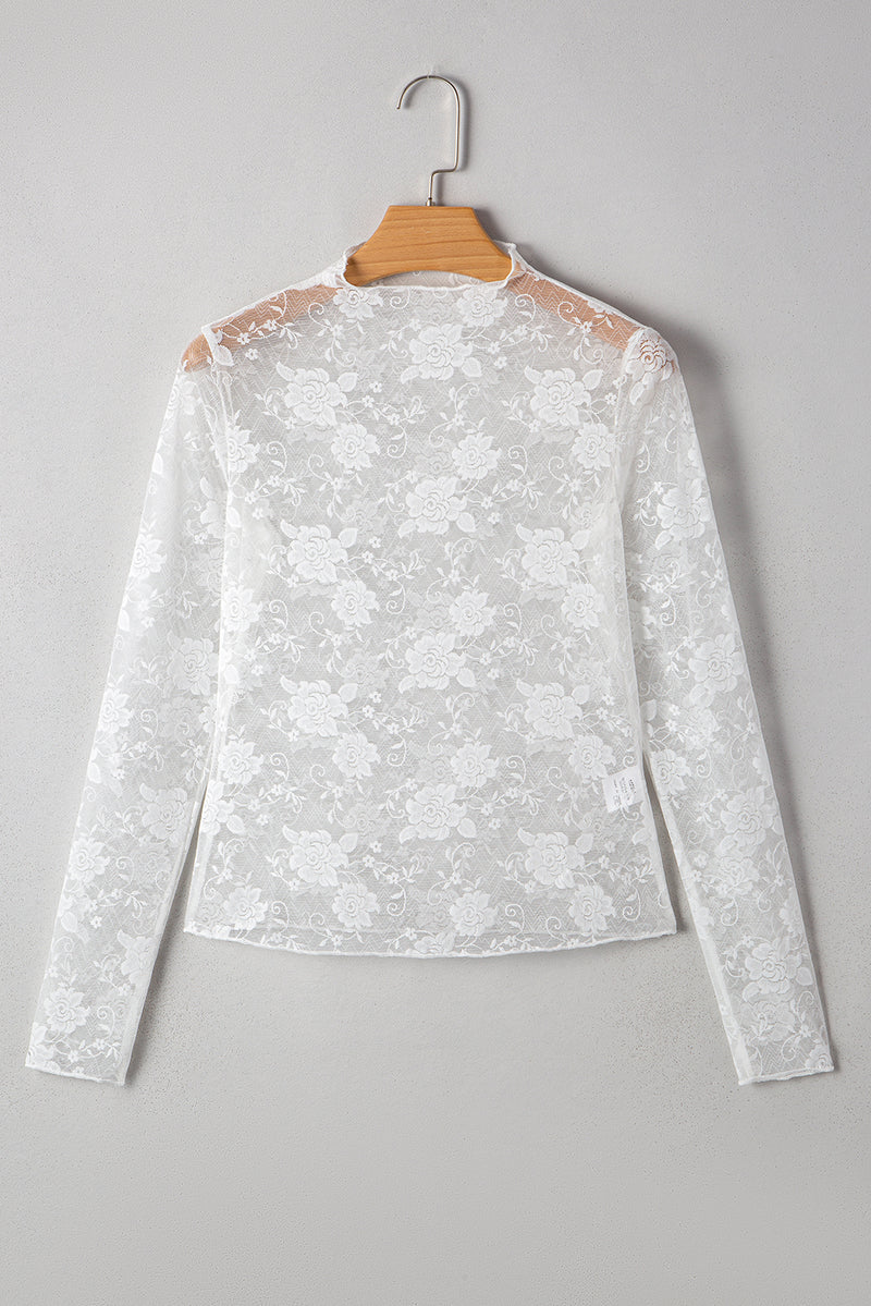 Apricot Pink Mock Neck Floral Lace Mesh Long Sleeve Top