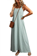 Green Stripe Shirred Frilled High Waist Sleeveless Loose Fit Maxi Dress