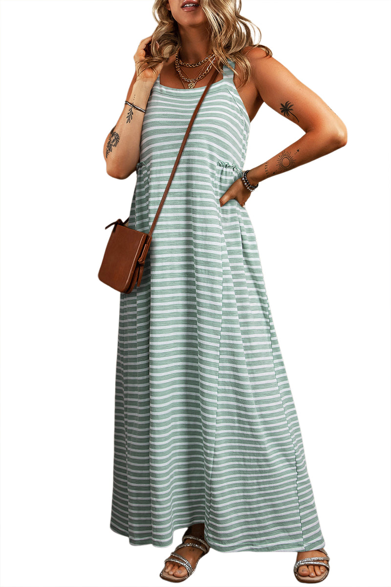 Green Stripe Shirred Frilled High Waist Sleeveless Loose Fit Maxi Dress