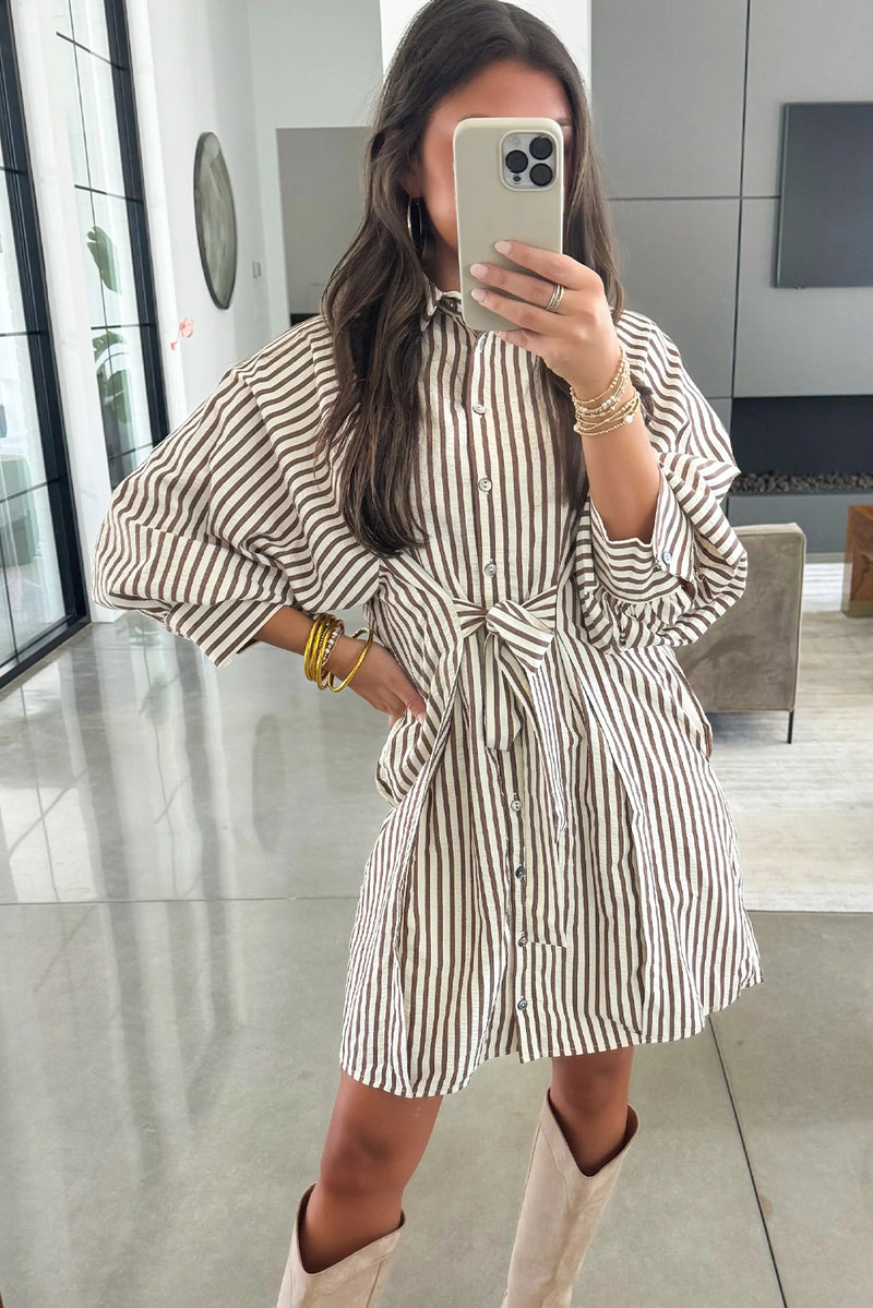 Brown Stripe Knot Waist Puff Sleeve Button Down Mini Shirt Dress
