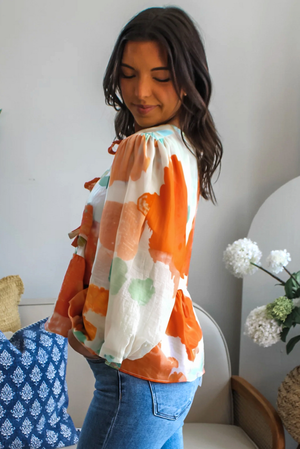 Carrot Abstract Print Bubble Sleeve Bow Front Top