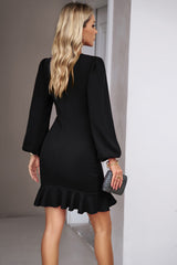 Black Solid Color Puff Sleeve Ruffle Mini Dress