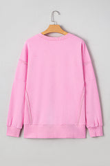 Pink Bow Sequin XOXO Letter Graphic Exposed Seam Baggy Sweatshirt