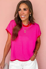 Rose Red Contrast Trim Round Neck Short Sleeve Loose Knit Top