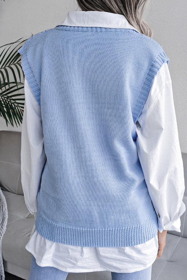 Sky Blue Hollow Out V Neck Knit Vest