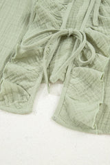 Meadow Mist Green Bow Tie Front Ruffle Trim V Neck Long Sleeve Blouse