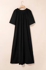 Black Plus Size Solid Color Notched Neck Short Sleeve Loose Dress