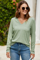 Grass Green Solid Color V Neck Long Sleeve Stretchy Top