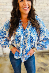 Sky Blue Tie Split Neck Ethnic Print Button Down Puff Sleeve Shirt