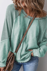 Black Solid Waffle Knit Patchwork Raglan Sleeve Sweatshirt