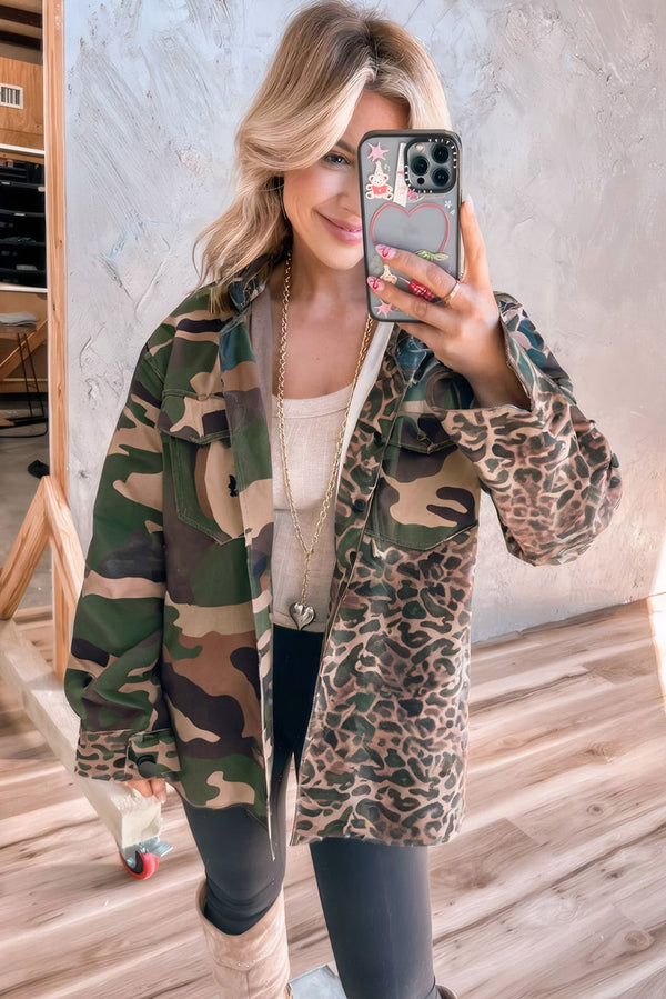 Brown Leopard Camouflage Patchwork Oversized Shacket