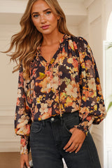 Black Floral V Neck Long Puff Sleeve Breezy Blouse