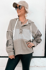 Gray Waffle Patchwork Drawstring Hooded Long Sleeve Top