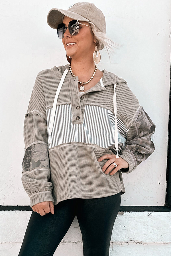 Gray Waffle Patchwork Drawstring Hooded Long Sleeve Top