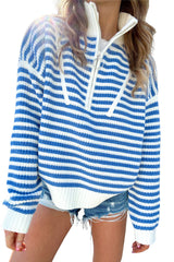 Sky Blue Stripe Zip up Collar Drop Shoulder Sweater