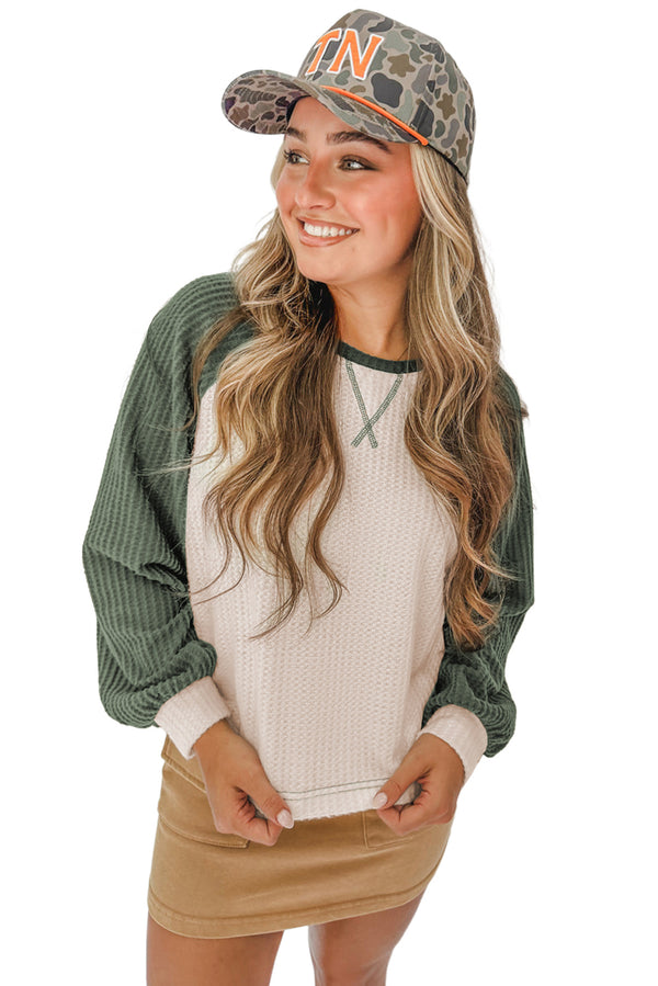 Mist Green Waffle Color Block Raglan Sleeve Top