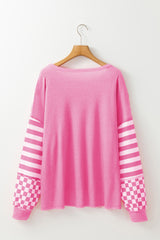Khaki Checkered Striped Patchwork Lantern Sleeve Top