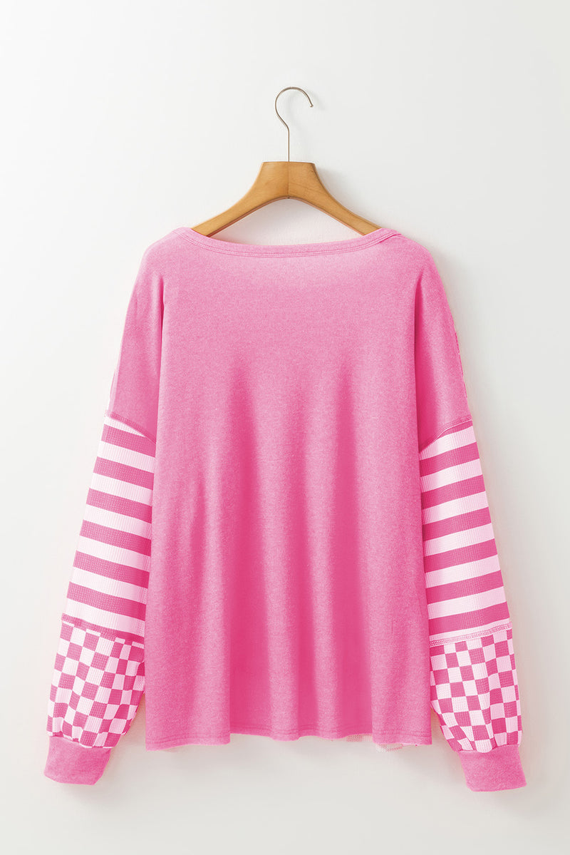 Khaki Checkered Striped Patchwork Lantern Sleeve Top