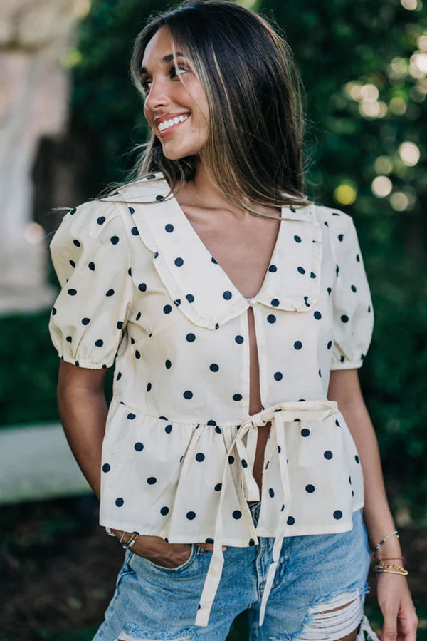 White Polka Dot Peter Pan Collar Bow Front Blouse