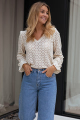 Beige Flower Lace V Neck Puff Sleeve Top