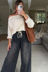 Old Rose Solid Color Waffle Knit Asymmetric Neck Long Sleeve Top