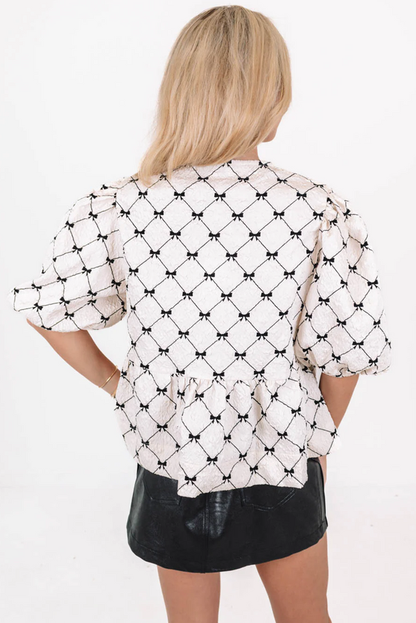 White Checkered Bow Print Knot Front Puff Sleeve Blouse