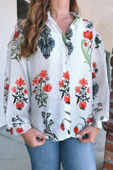 White Floral Print V Neck Loose Drop Sleeve Shirt