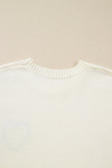 White Plaid Heart Embroidered Cuffed Drop Shoulder Crew Neck Sweater
