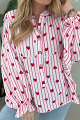 Pink Stripe Textured Heart Print Long Flounce Sleeve Shirt