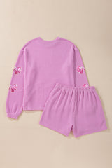 Phalaenopsis Corded Rib Sequin Bow Patched Long Sleeve Top and Shorts 2pcs Set