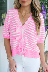 Black Stripe Short Sleeve Knit V Neck Bow Knot Sweater