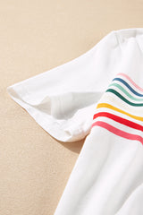 White Rainbow Stripe Print Crewneck T Shirt
