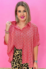 Red Heart Shape Print Half Sleeve Loose Valentine Shirt