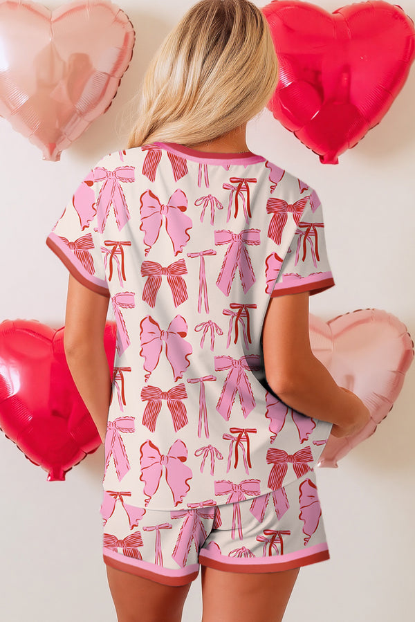 Pink Allover Bow Print Contrast Trim Shorts Set