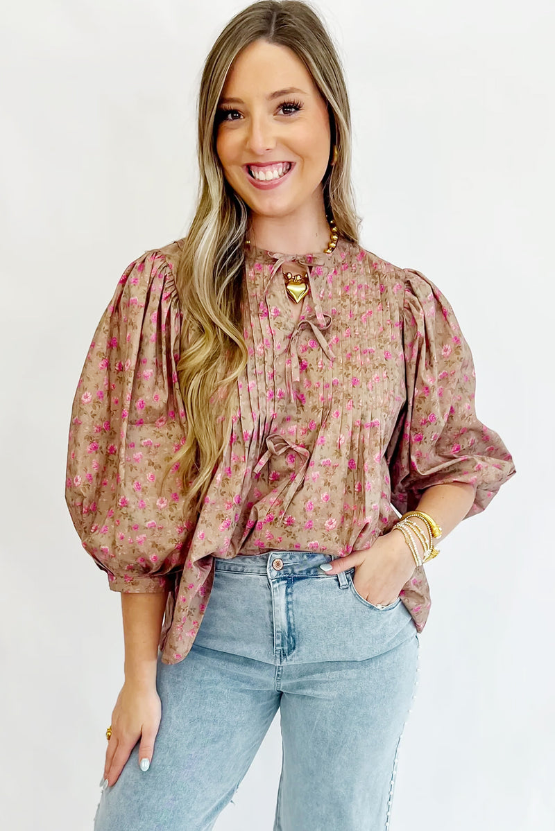Light French Beige Ditsy Floral Print Bow Front Puff Sleeve Blouse