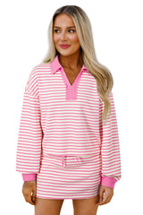Pink Stripe Collared V Neck Drop Shoulder Pullover and Skirt Set