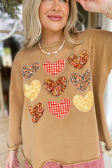 Straw Yellow Plaid Floral Heart Stitched Exposed Seam Mineral Wash Sweatshirt